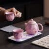 Crackle Glaze Tea Set - Stunning Fen Ru Yao Ceramic with Cat & Wisteria 5-Piece