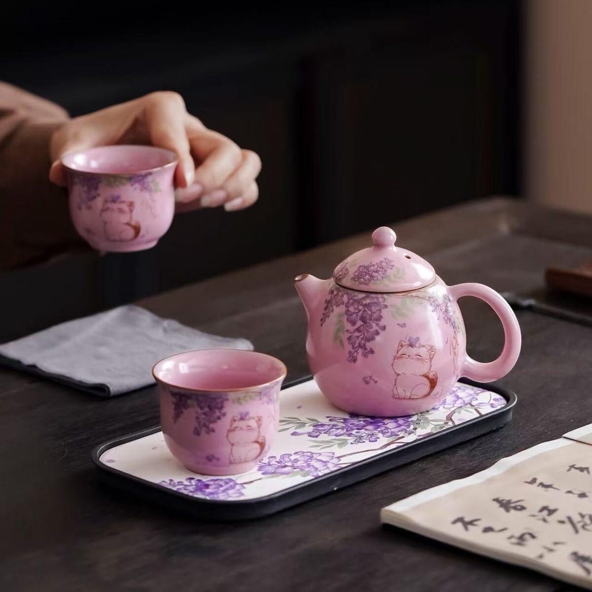 Crackle Glaze Tea Set - Stunning Fen Ru Yao Ceramic with Cat & Wisteria 5-Piece