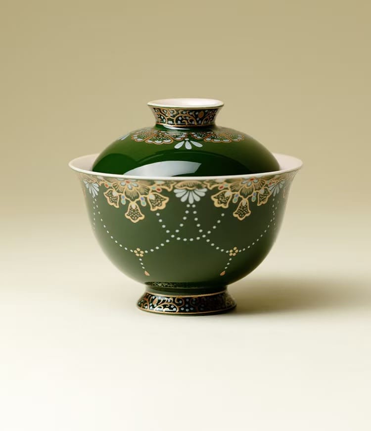 Er Cai Gaiwan - Elegant Green Porcelain with Hand-Painted Bamboo Leaf 110ml