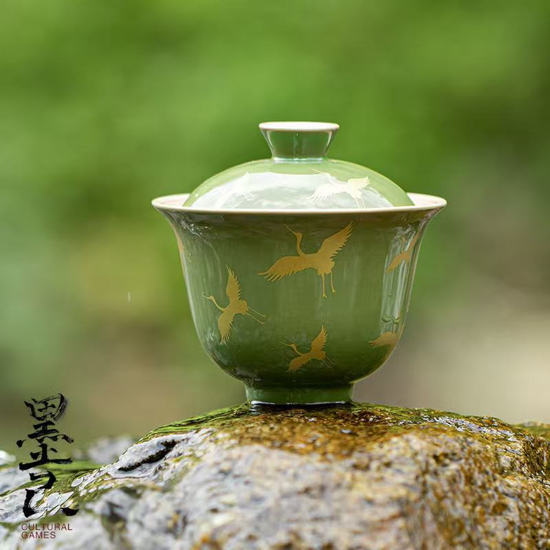 微信图片_20260218193908_1884_6 Bamboo Green Antique-Style Gaiwan Set - 110ml with Gilded Crane & Bamboo