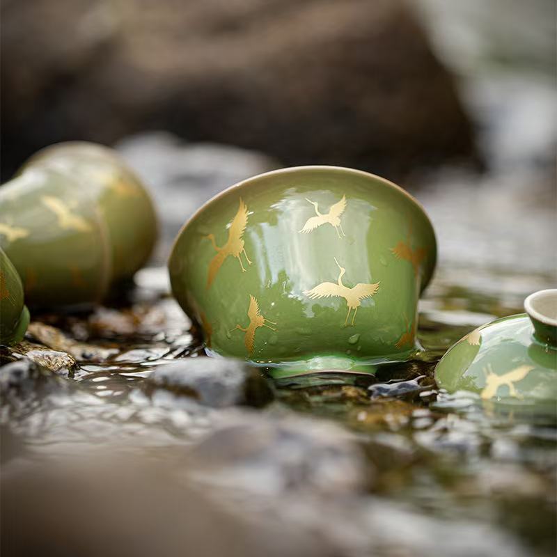 微信图片_20260218193908_1885_6 Bamboo Green Antique-Style Gaiwan Set - 110ml with Gilded Crane & Bamboo
