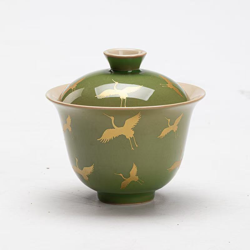 微信图片_20260218193912_1889_6 Bamboo Green Antique-Style Gaiwan Set - 110ml with Gilded Crane & Bamboo