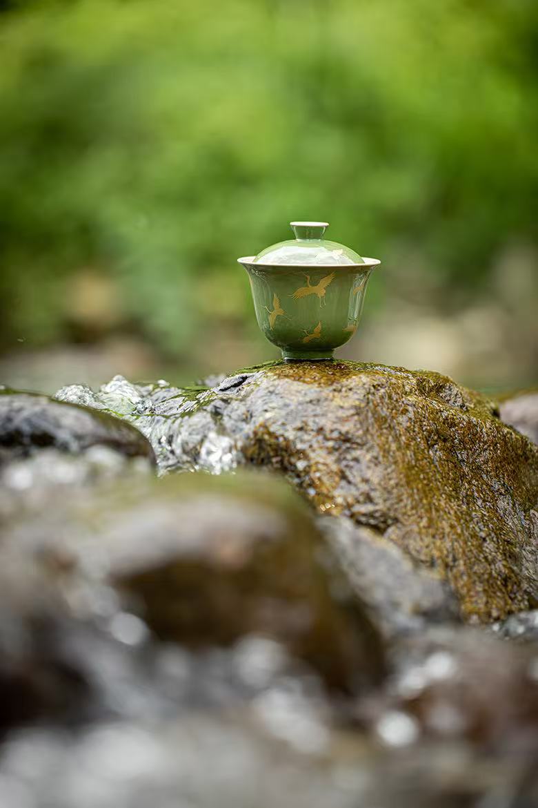 微信图片_20260218193912_1890_6 Bamboo Green Antique-Style Gaiwan Set - 110ml with Gilded Crane & Bamboo