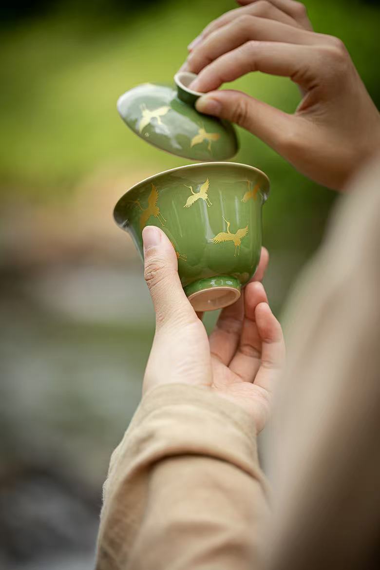 微信图片_20260218193913_1891_6 Bamboo Green Antique-Style Gaiwan Set - 110ml with Gilded Crane & Bamboo