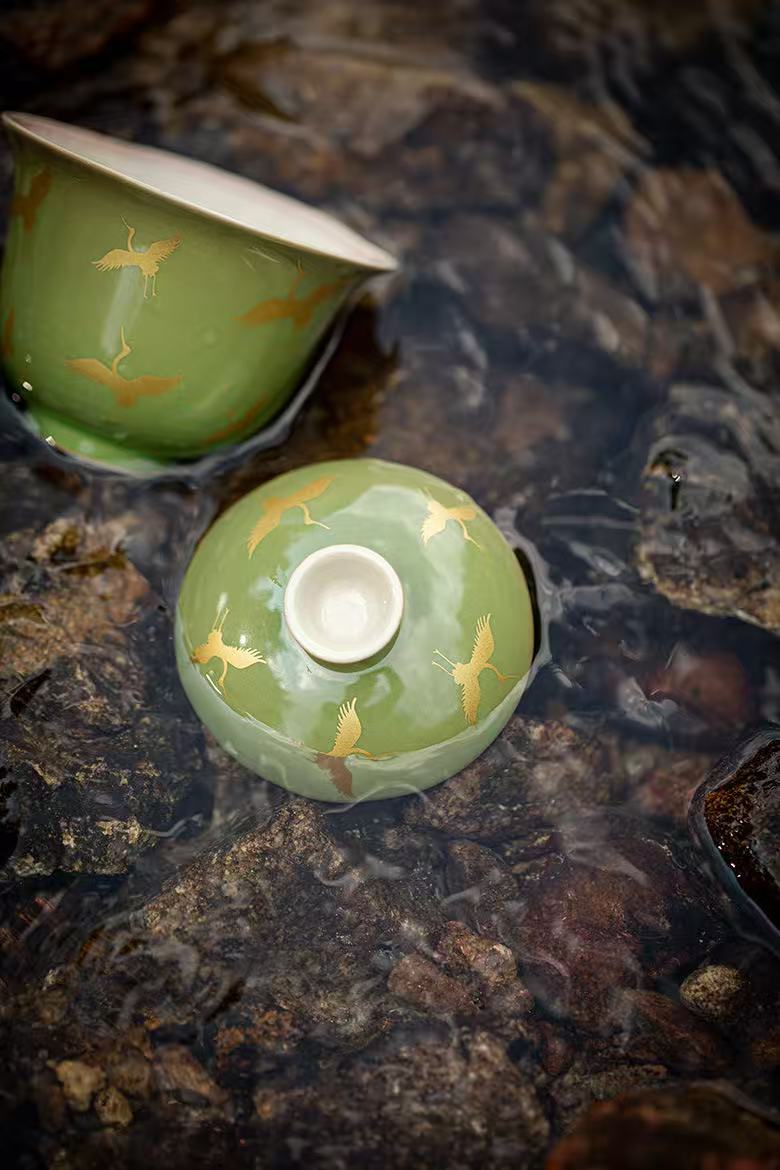 微信图片_20260218193914_1892_6 Bamboo Green Antique-Style Gaiwan Set - 110ml with Gilded Crane & Bamboo