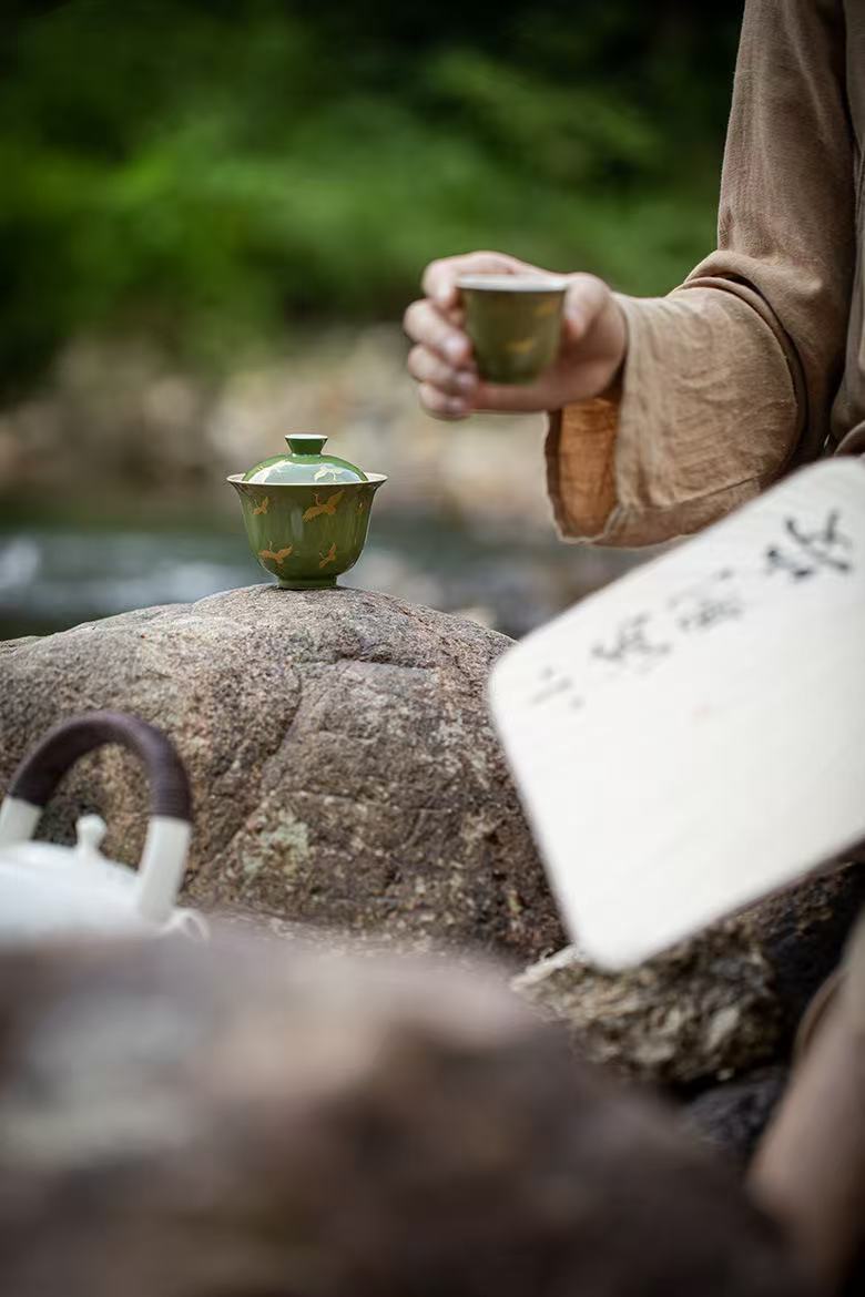 微信图片_20260218193919_1893_6 Bamboo Green Antique-Style Gaiwan Set - 110ml with Gilded Crane & Bamboo