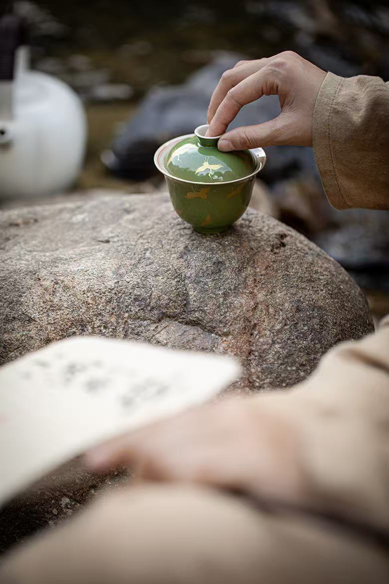 微信图片_20260218193920_1894_6 Bamboo Green Antique-Style Gaiwan Set - 110ml with Gilded Crane & Bamboo