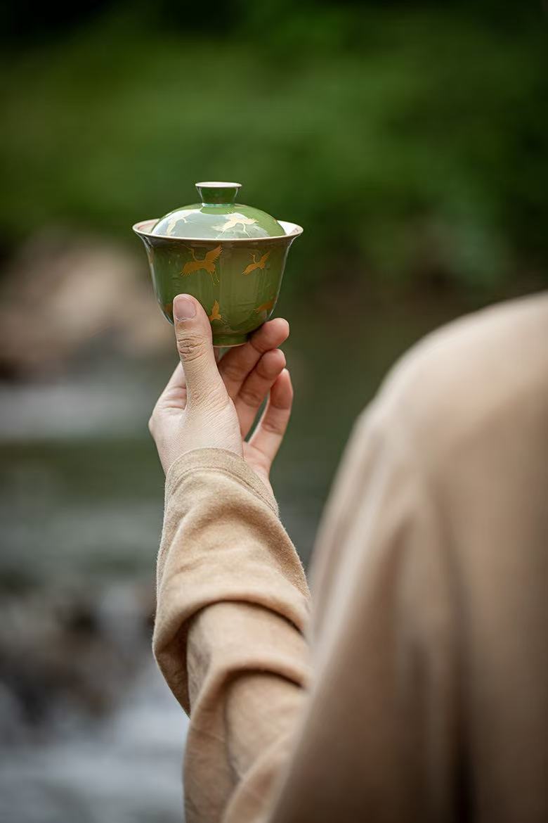 微信图片_20260218193921_1896_6 Bamboo Green Antique-Style Gaiwan Set - 110ml with Gilded Crane & Bamboo