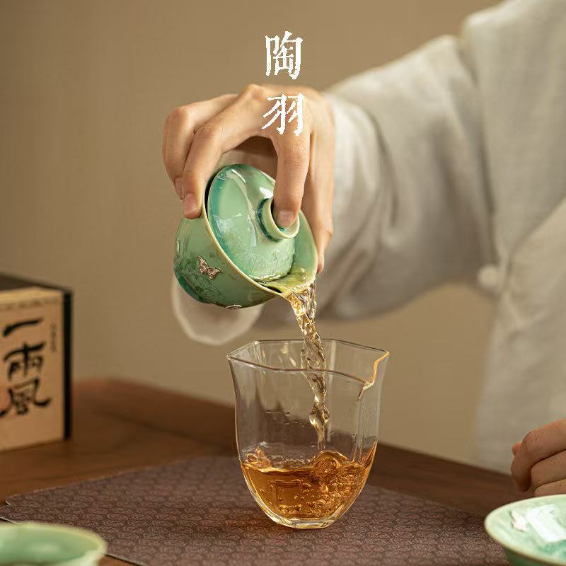 Crystal Glaze Transformation Celadon San Cai Gaiwan with Kintsugi Silver Butterflies - Complete Tea Set with Pot Stand