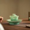Crystal Glaze Transformation Celadon San Cai Gaiwan with Kintsugi Silver Butterflies - Complete Tea Set with Pot Stand