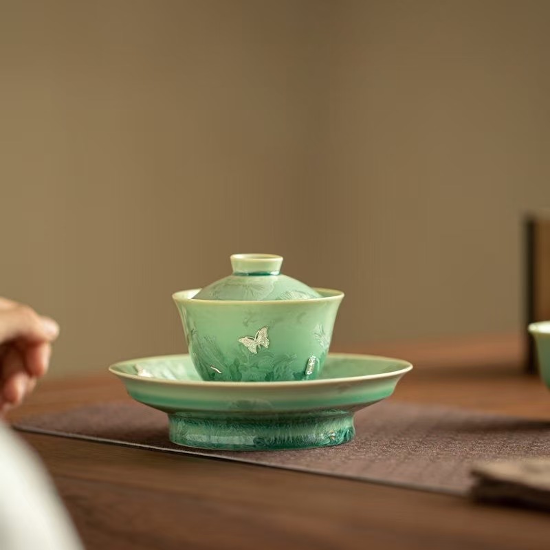Crystal Glaze Transformation Celadon San Cai Gaiwan with Kintsugi Silver Butterflies - Complete Tea Set with Pot Stand