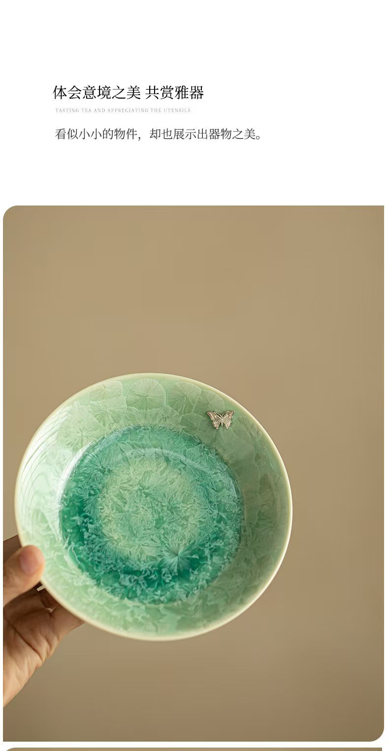Crystal Glaze Transformation Celadon San Cai Gaiwan with Kintsugi Silver Butterflies - Complete Tea Set with Pot Stand