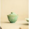 Crystal Glaze Transformation Celadon San Cai Gaiwan with Kintsugi Silver Butterflies - Complete Tea Set with Pot Stand