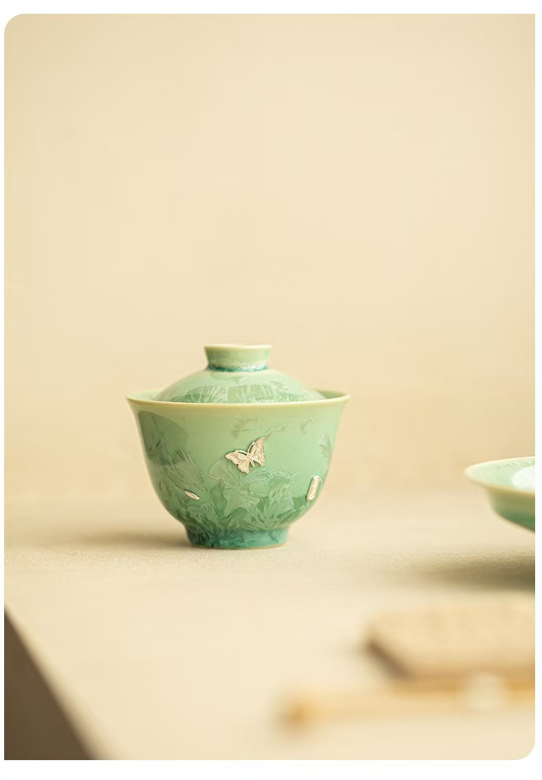 Crystal Glaze Transformation Celadon San Cai Gaiwan with Kintsugi Silver Butterflies - Complete Tea Set with Pot Stand