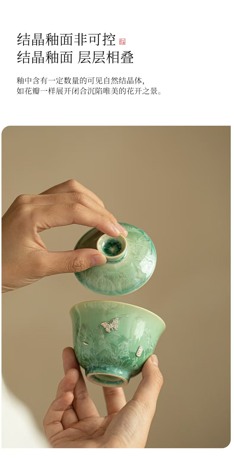 Crystal Glaze Transformation Celadon San Cai Gaiwan with Kintsugi Silver Butterflies - Complete Tea Set with Pot Stand