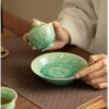 Crystal Glaze Transformation Celadon San Cai Gaiwan with Kintsugi Silver Butterflies - Complete Tea Set with Pot Stand