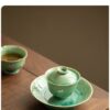 Crystal Glaze Transformation Celadon San Cai Gaiwan with Kintsugi Silver Butterflies - Complete Tea Set with Pot Stand