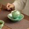 Crystal Glaze Transformation Celadon San Cai Gaiwan with Kintsugi Silver Butterflies - Complete Tea Set with Pot Stand