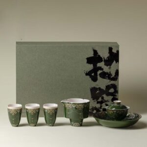 Bamboo Green "Inlay Gold & Silver" Palace-Style Gongfu Tea Set - 1 Teapot, 3 Teacups, Fairness Cup & Tray (Gift Boxed)