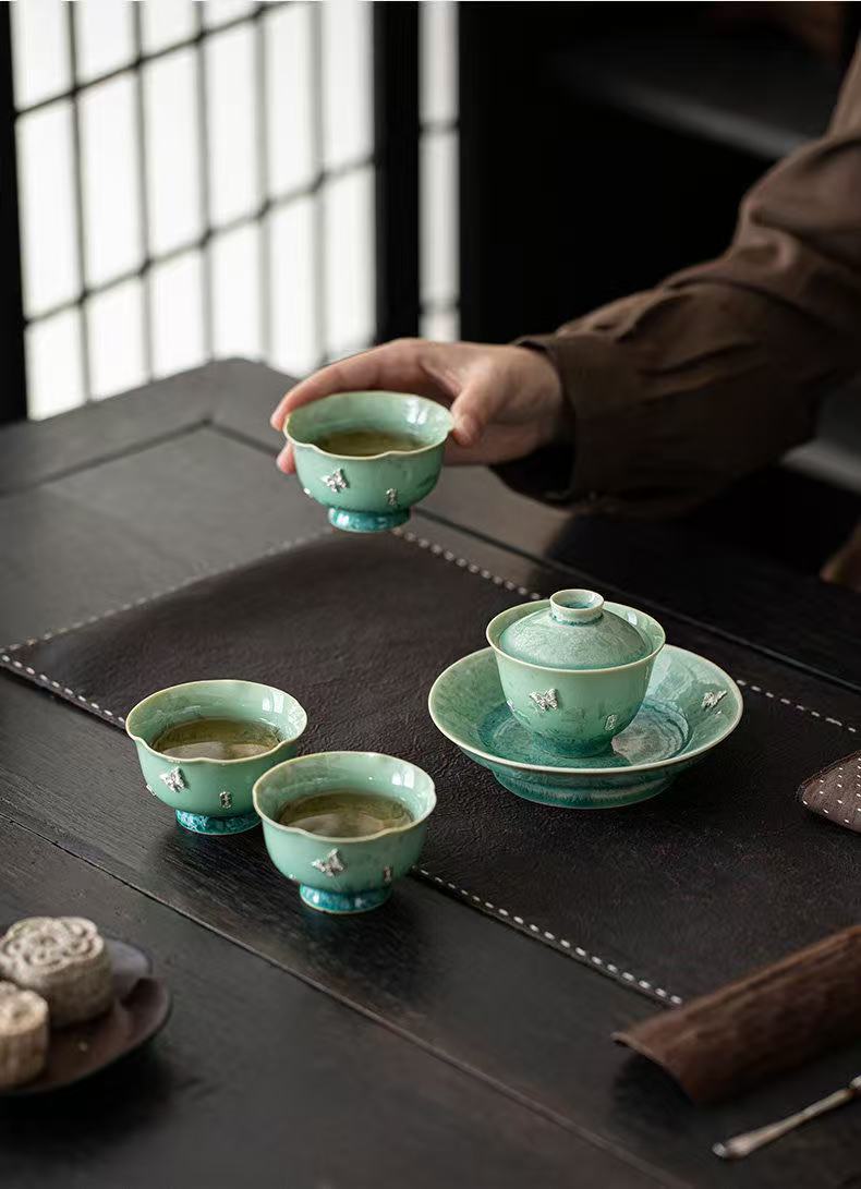 Turquoise Crystal Glaze & Silver Butterfly Gaiwan Set - 1 Pot & 3 Cups Ceramic Gongfu Tea Set