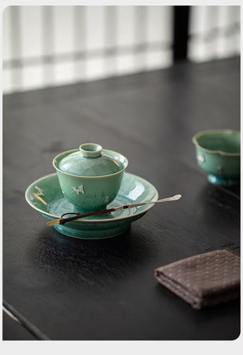 Turquoise Crystal Glaze & Silver Butterfly Gaiwan Set - 1 Pot & 3 Cups Ceramic Gongfu Tea Set