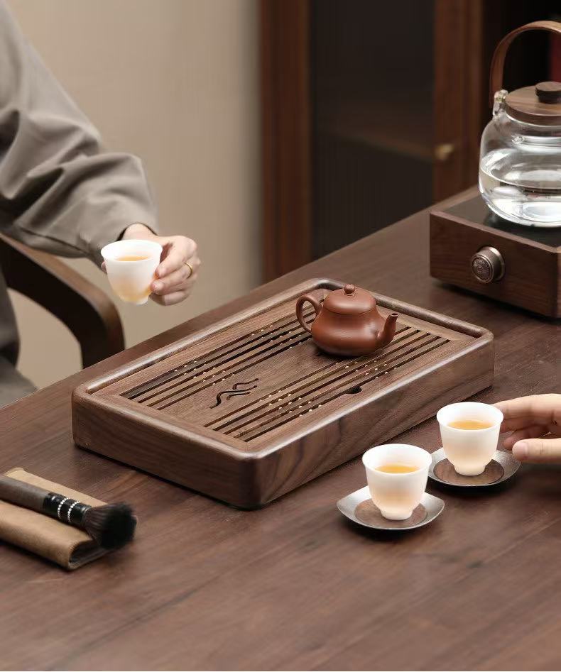 Walnut Wood "Mountain Rain" Tea Tray - Large Capacity Drainage Tea Table (1500ml)