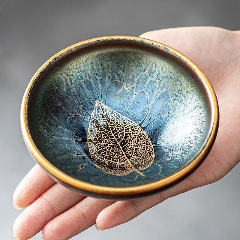 微信图片_20260222014453_2029_6 Indigo Blue "Gilded Leaf" Jian Zhan Teacup - Autumn Leaf Design (100ml)