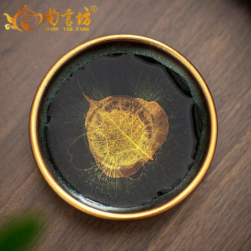 Indigo Blue "Gilded Bodhi Leaf" Jian Zhan Teacup - Handcrafted Ceramic (100ml)