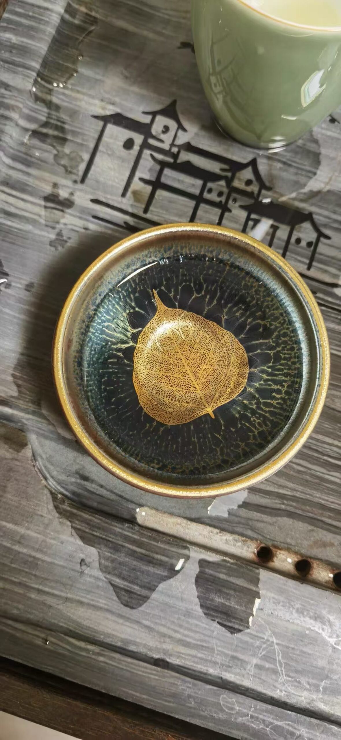 Indigo Blue "Gilded Bodhi Leaf" Jian Zhan Teacup - Handcrafted Ceramic (100ml)