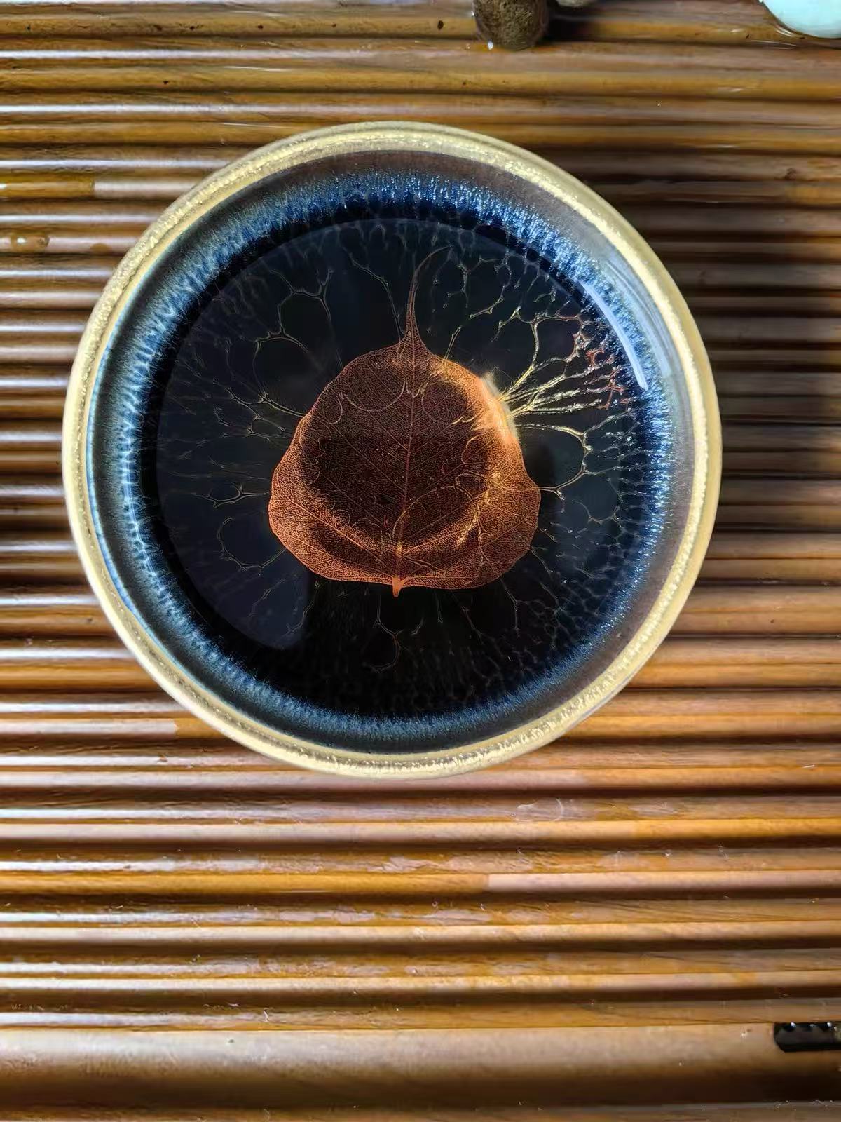 Indigo Blue "Gilded Bodhi Leaf" Jian Zhan Teacup - Handcrafted Ceramic (100ml)