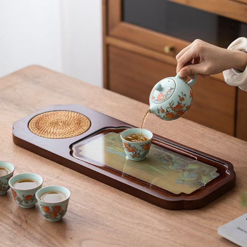 Walnut Wood "Thousand Li of Rivers and Mountains" Color-Changing Tea Tray - 50cm Large Dry Tea Table