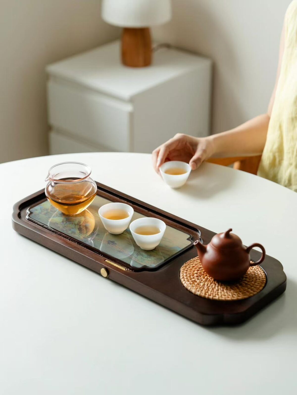 Walnut Wood "Thousand Li of Rivers and Mountains" Color-Changing Tea Tray - 50cm Large Dry Tea Table