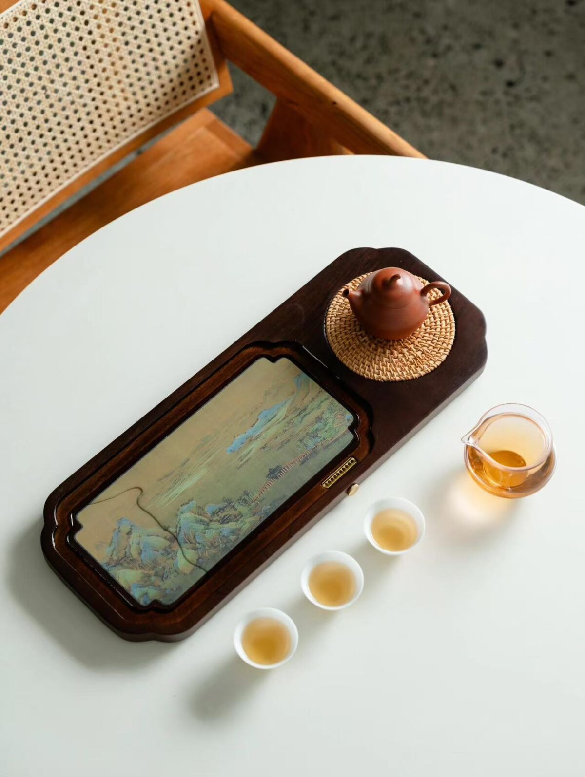 Walnut Wood "Thousand Li of Rivers and Mountains" Color-Changing Tea Tray - 50cm Large Dry Tea Table