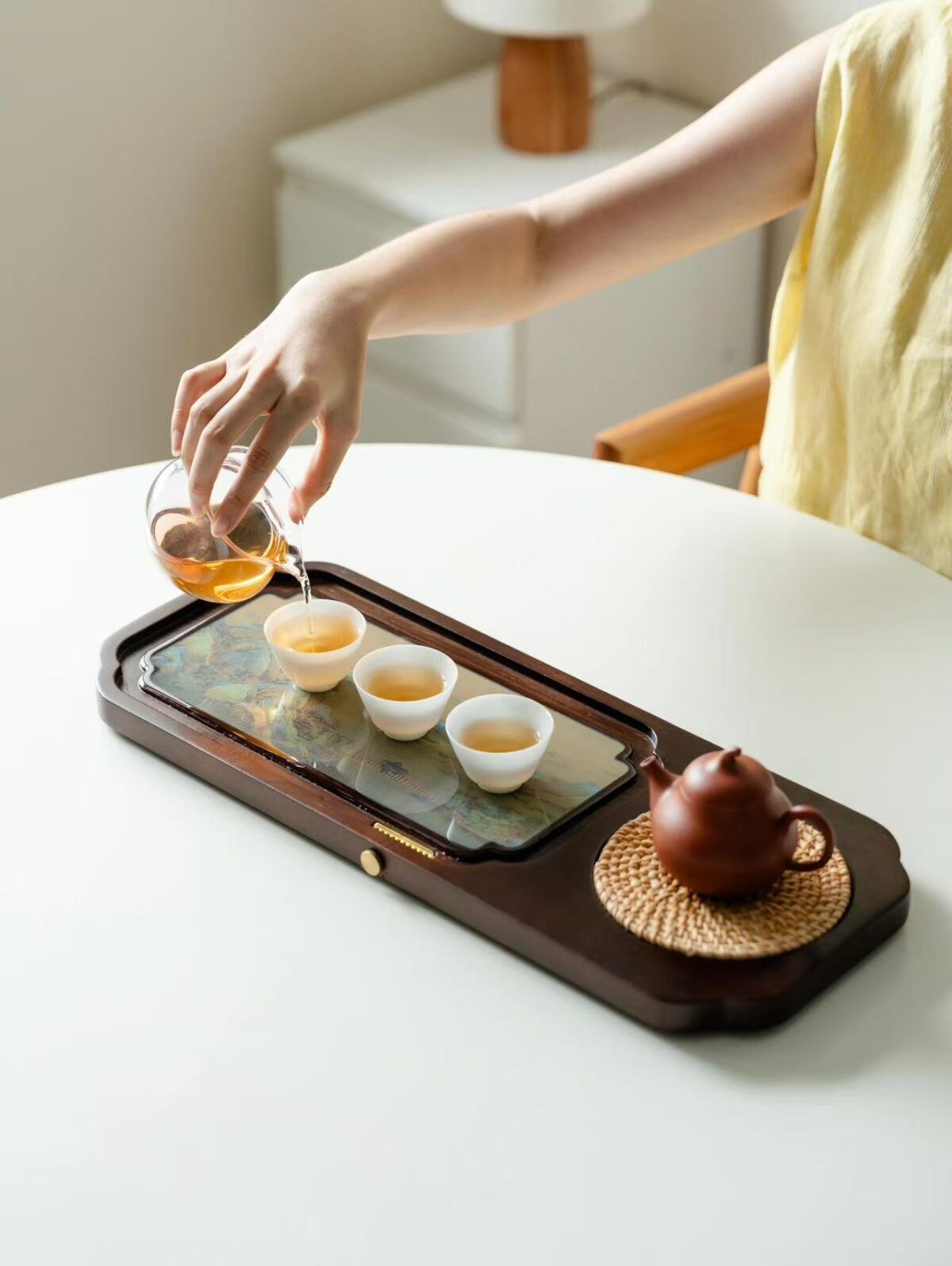 Walnut Wood "Thousand Li of Rivers and Mountains" Color-Changing Tea Tray - 50cm Large Dry Tea Table