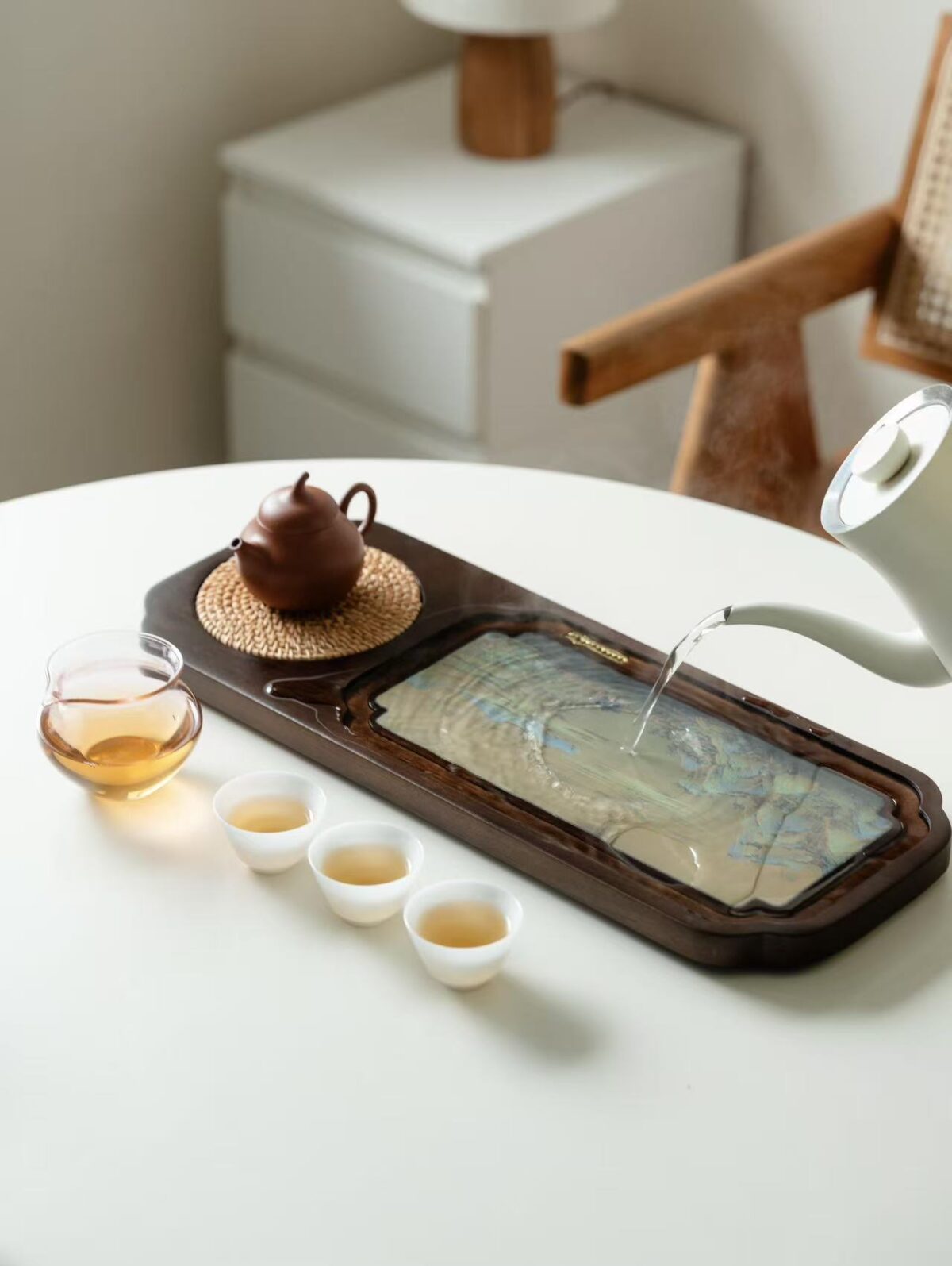 Walnut Wood "Thousand Li of Rivers and Mountains" Color-Changing Tea Tray - 50cm Large Dry Tea Table