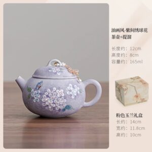 Exquisite Hand-Painted Ceramic Teapot with Violet Hydrangea Motif - Purple Blossom Tea Set with Chain Lid (165ml)