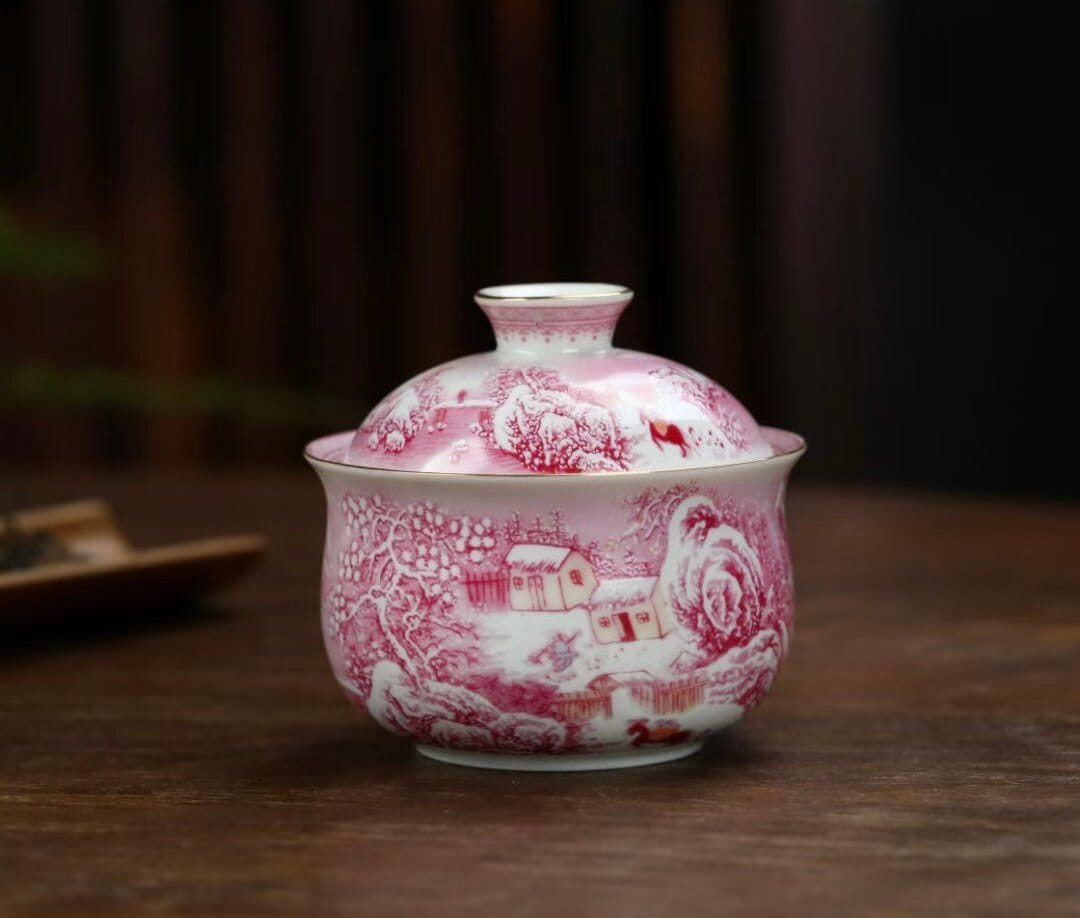 Agate Red Snowy Landscape Tea Set - Stunning Hand-Painted 6-Pc Antique Clay Set