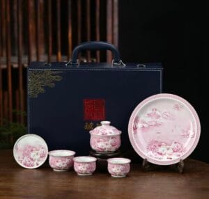 agate red snowy landscape tea set