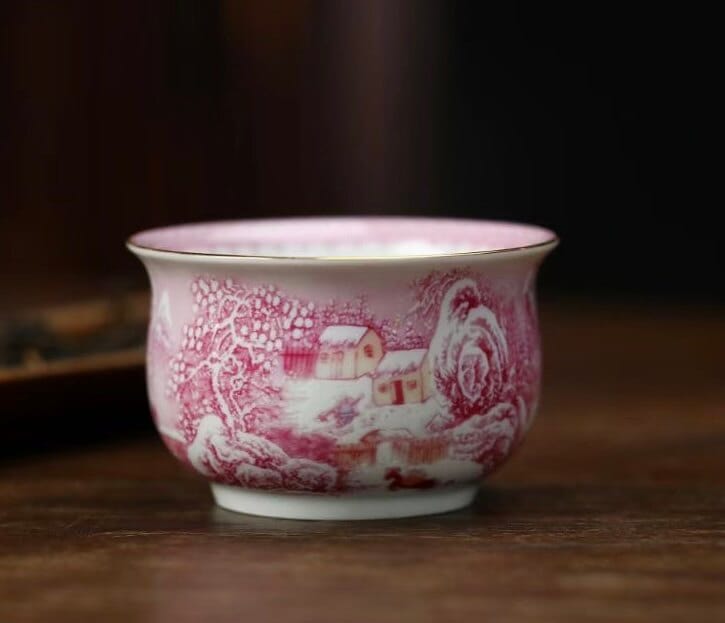 Agate Red Snowy Landscape Tea Set - Stunning Hand-Painted 6-Pc Antique Clay Set