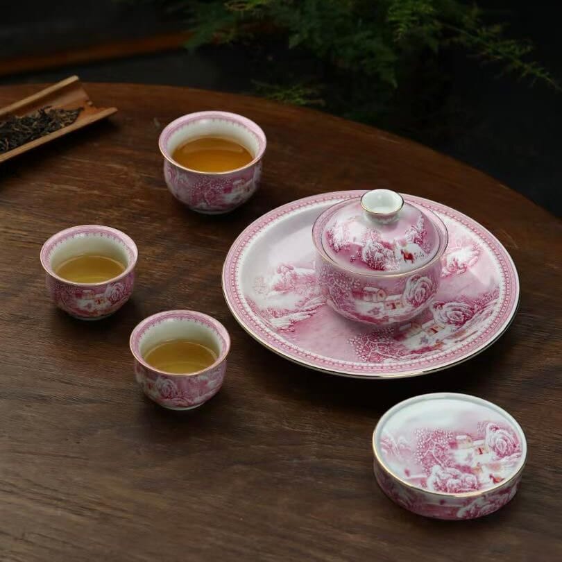 Agate Red Snowy Landscape Tea Set - Stunning Hand-Painted 6-Pc Antique Clay Set