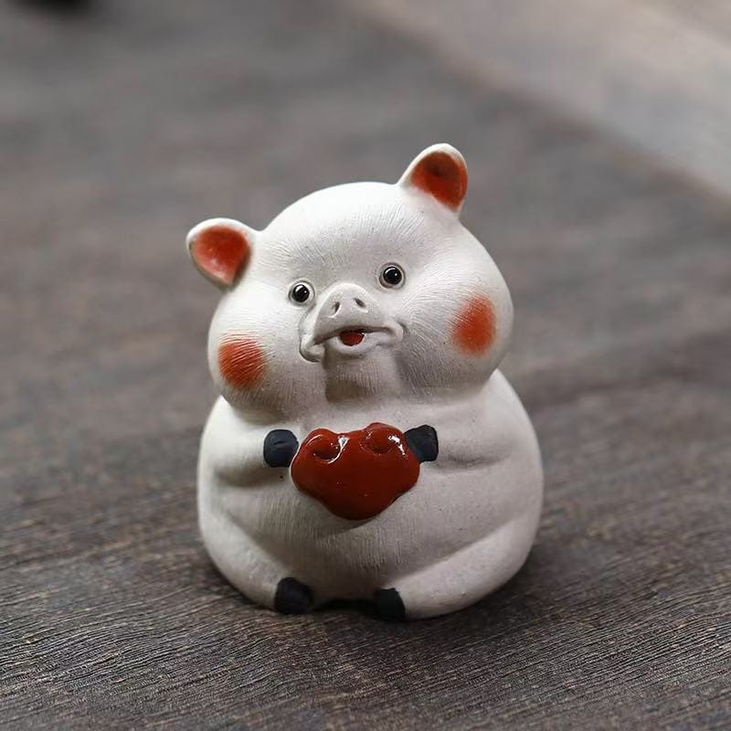 Hand-Crafted Yixing Zisha Tea Pet Pig - White Clay Prosperity Sculpture with Colorful Hand-Painted Design