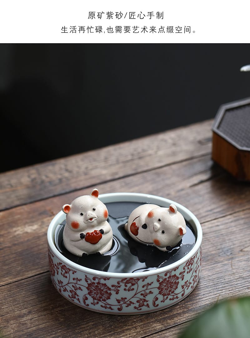 Hand-Crafted Yixing Zisha Tea Pet Pig - White Clay Prosperity Sculpture with Colorful Hand-Painted Design