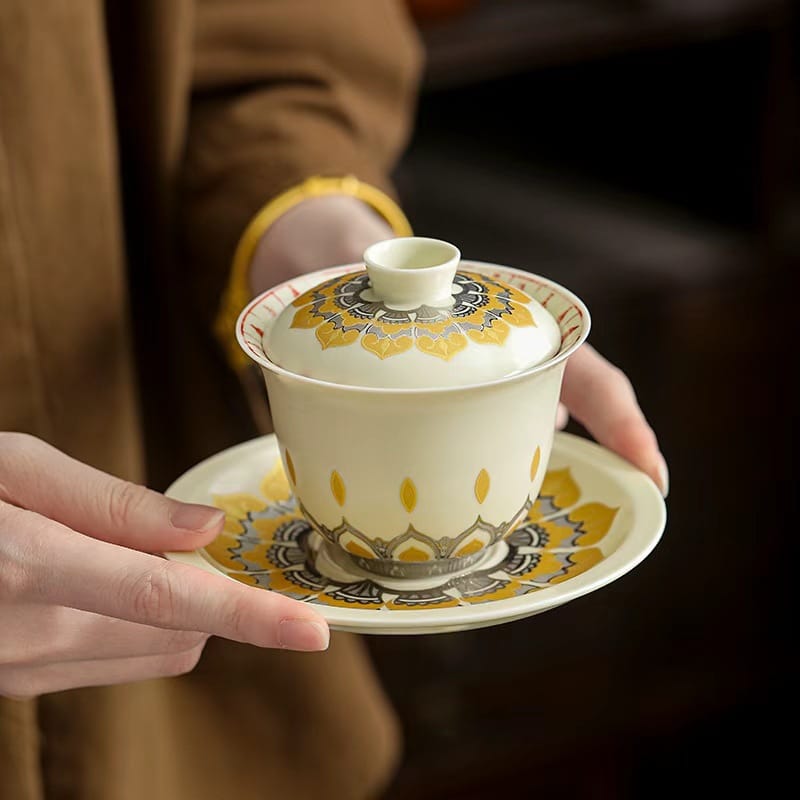 Silver Lotus Gaiwan - 150ml Art Piece Inspired by Mogao Caves