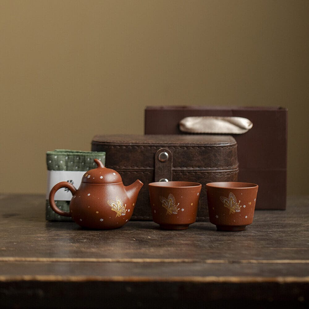 Junxistea Gold Embossed Zisha Tea Set - Handcrafted Vermilion Clay with Butterfly Motif gold embossed zisha tea set