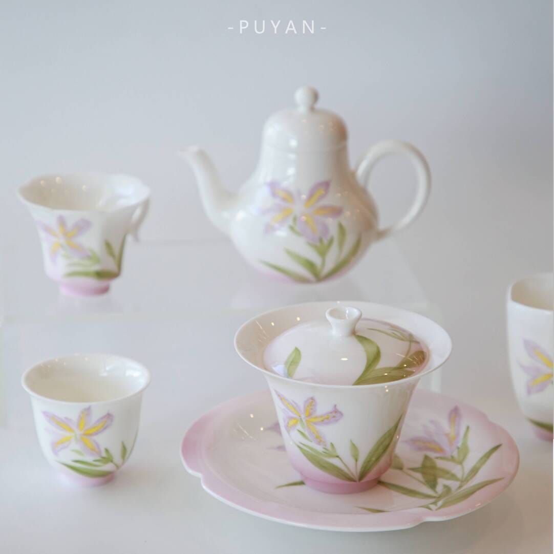 Iris Ceramic Tea Set - Beautiful Hand-Painted Floral Design, Includes Tray