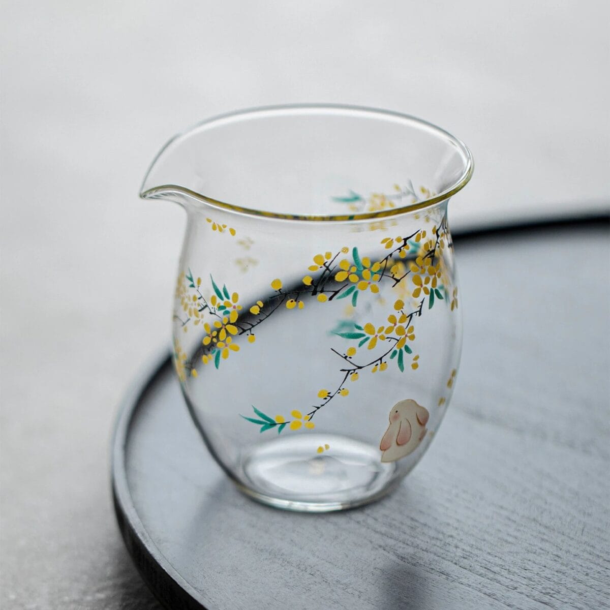 Floral Glass Gongdao Cup with Rabbit Design - 270ml of Enchanting Tea Service