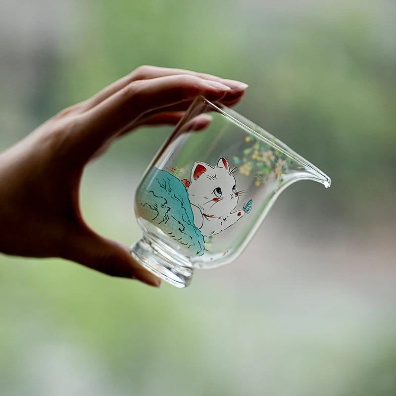 Watercolor Cat Glass Fairness Cup: Your Adorable 130ml Hand-Painted Tea Server