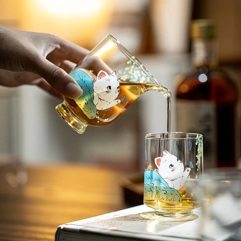 Watercolor Cat Glass Fairness Cup: Your Adorable 130ml Hand-Painted Tea Server