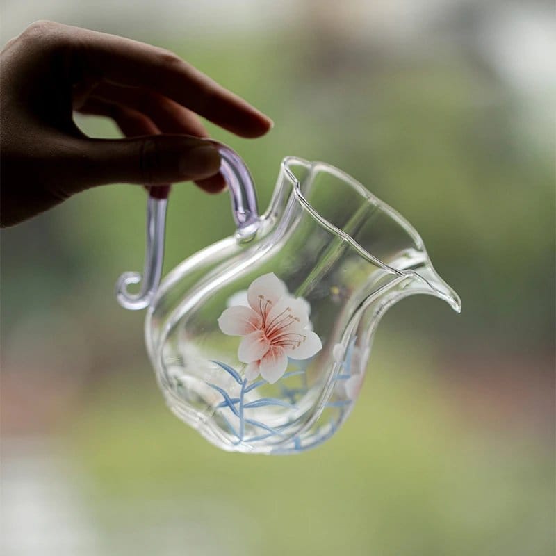 Hand-Painted Bamboo Lily Glass Fairness Cup: Your Beautiful 300ml Tea Server
