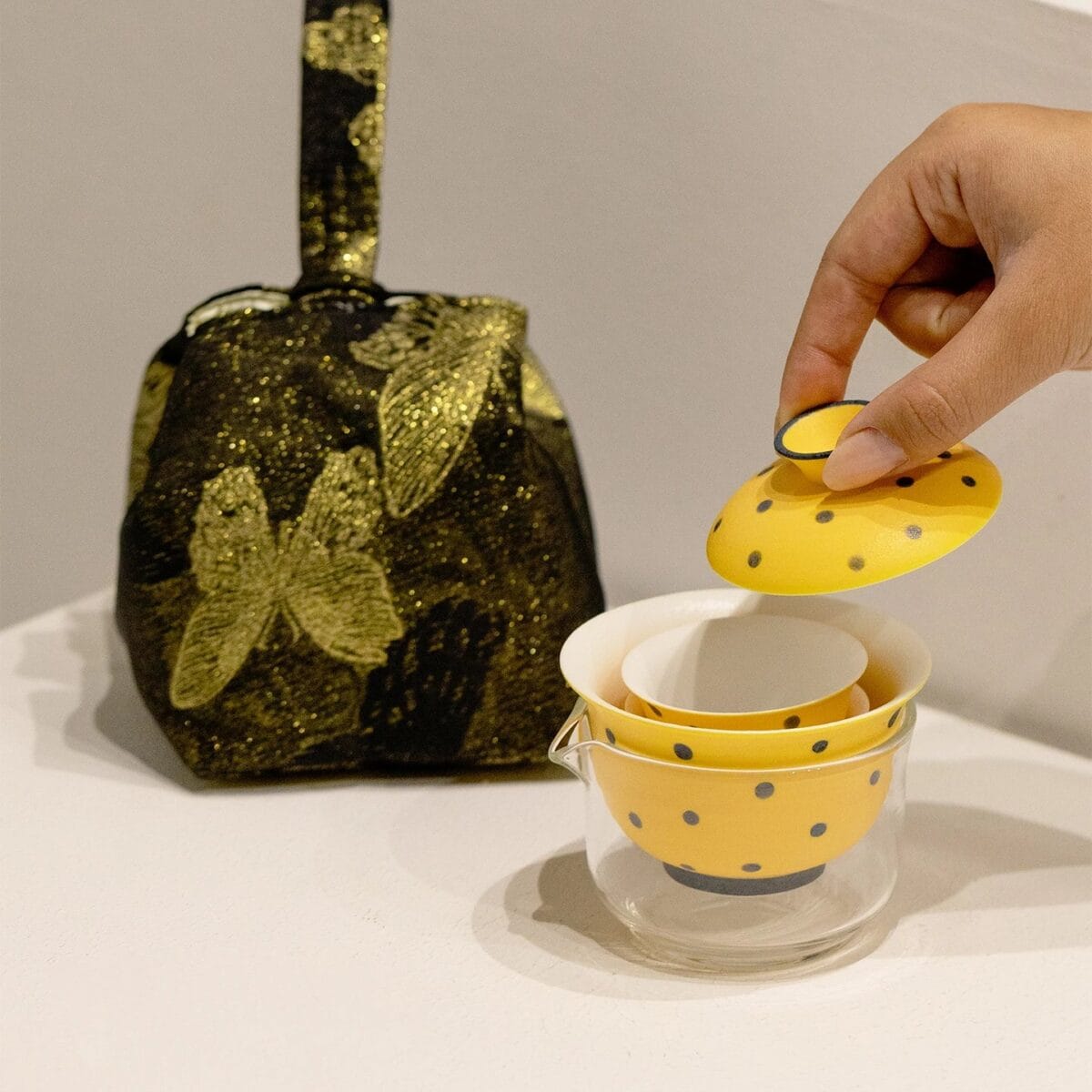 Golden Mist Dotted Gaiwan Set: Your Complete 3-Piece Tea Journey Kit